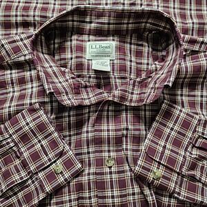 L.L. Bean Shirt Large Maroon White Plaid Long Sleeve 100%  Cotton Button Down